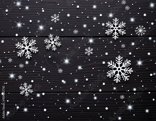 A collection of white snowflakes scattered on a dark wooden background, with sparkling lights scattered around them. The image creates a festive and wintry atmosphere. photo