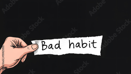 Breaking bad habits concept. Human hand tear a paper with word bad habit in dark black background isolated with white highlights, png