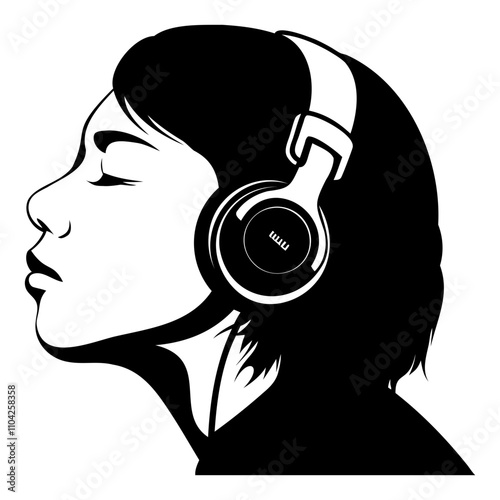 Head of a man wearing headphones Black silhouette vector illustration isolated on a transparent background