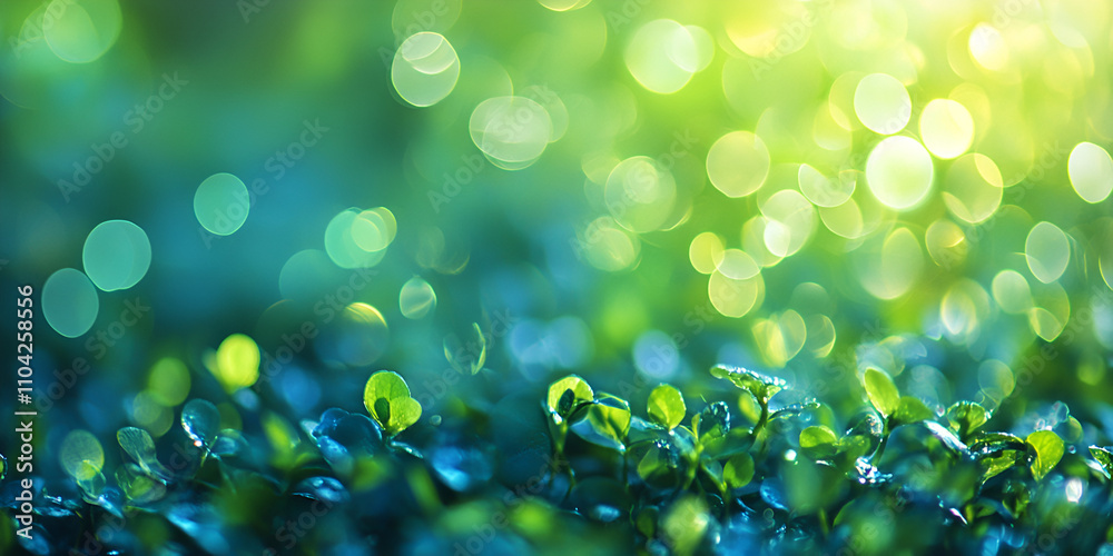 Fototapeta premium Dew on Fresh Green Grass with Sunlight Bokeh