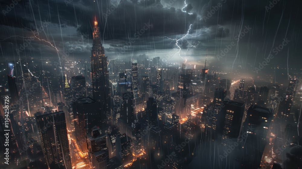 Fototapeta premium Dramatic Urban Skyline with Lightning and Rain Over Skyscrapers