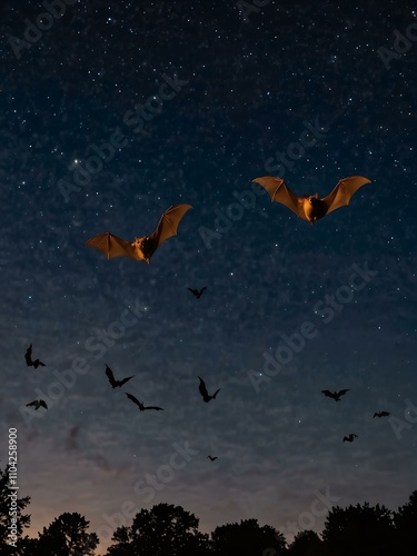 Bats flying in a nighttime sky.