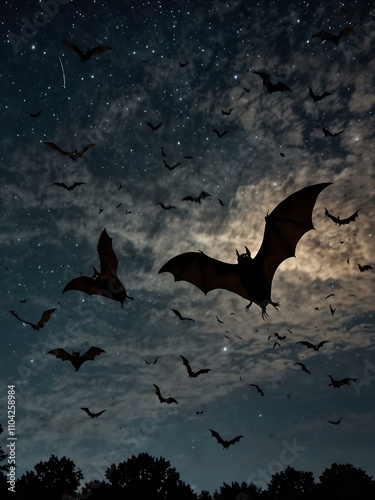 Bats flying in a nighttime sky.