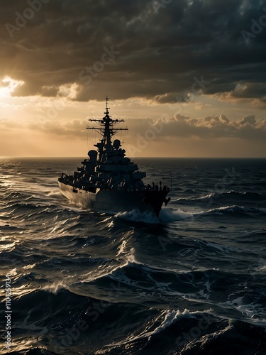 Battleship cruising through turbulent seas, powerful silhouette.