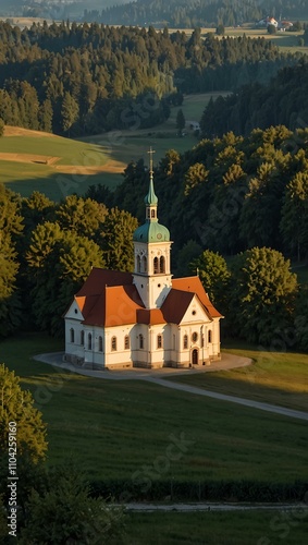 Bavarian fields and church.