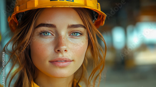 Caucasian female young adult construction worker in yellow hard hat, close-up with focused expression