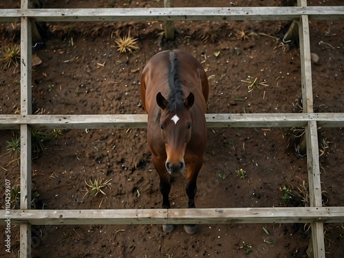Bay horse viewed from above in a paddock.