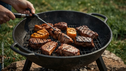 BBQ prep with charcoal in a brazier.