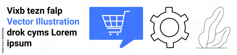 Shopping cart in blue speech bubble, mechanical gear, and plant outline. Ideal for e-commerce, technology, shopping, mechanical engineering, nature themes, web design, landing page Shopping cart in blue speech bubble, mechanical gear, and plant outline. Ideal for e-commerce, technology, shopping, mechanical engineering, nature themes, web design, landing page