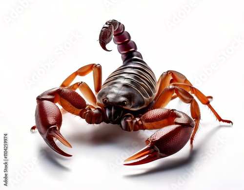 Giant forest scorpion raising its tail in a defensive position on a seamless white background photo