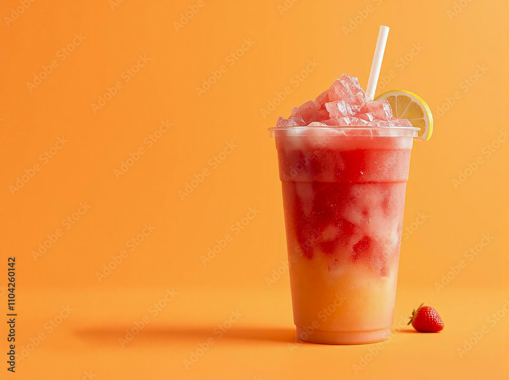 Cold drink with strawberry, lemon and ice cube in a glass on the yellow background. Copy space. Close-up. Cold drink with strawberry, lemon and ice cube in a glass on the yellow background. Copy space. Close-up.