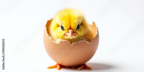 Angry yellow chick hatching from eggshell on white background