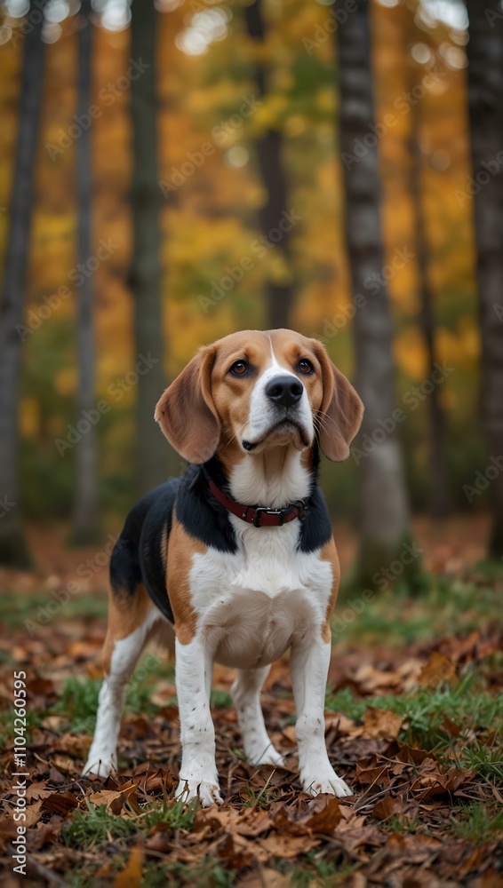 Beagle dog against an autumn forest background. Beagle dog against an autumn forest background.