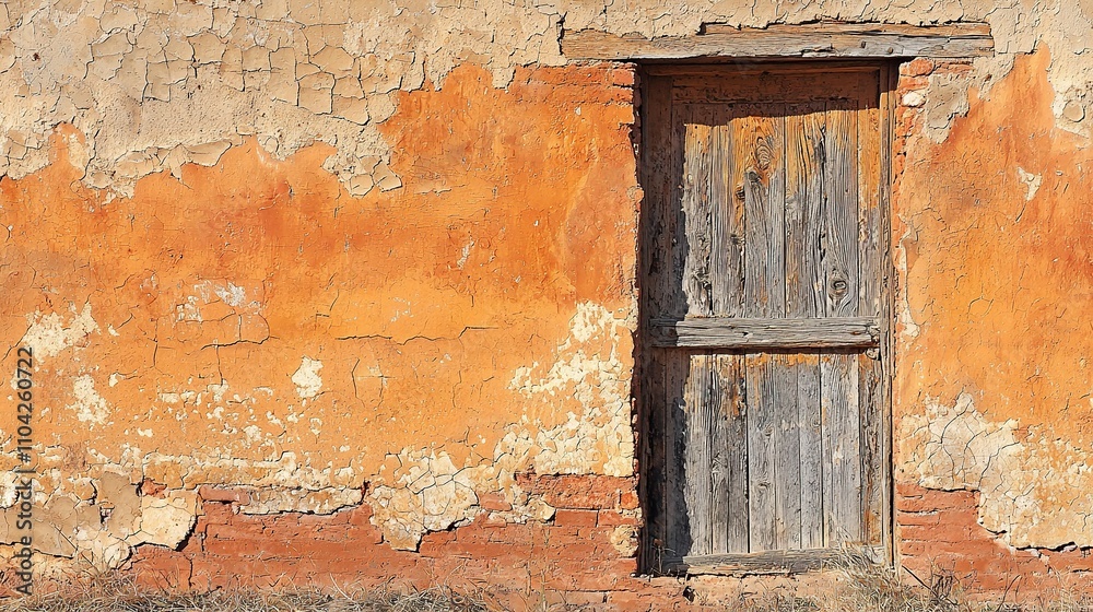 Old weathered door on a rustic orange textured wall in a quiet village Old weathered door on a rustic orange textured wall in a quiet village