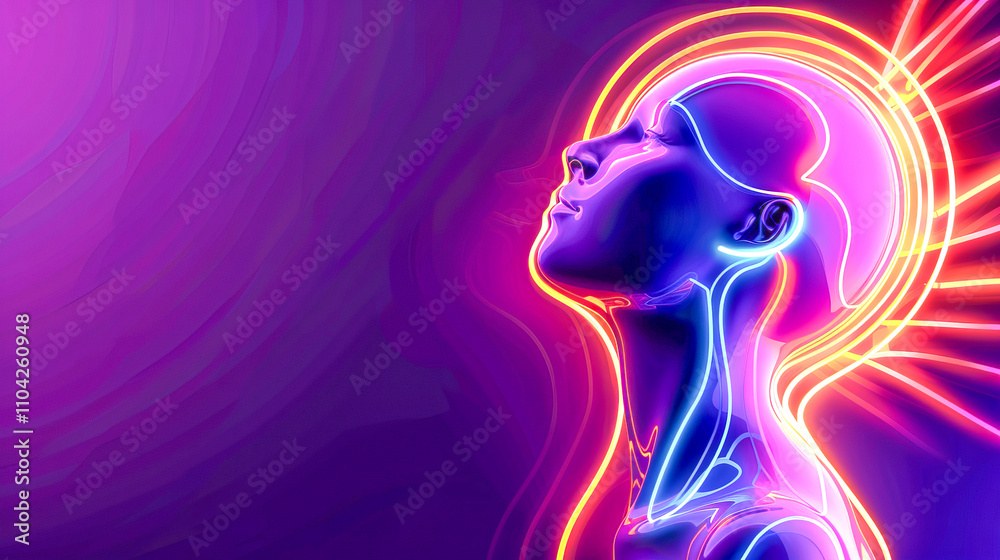 Neon abstract portrait of female in profile with futuristic glow Neon abstract portrait of female in profile with futuristic glow