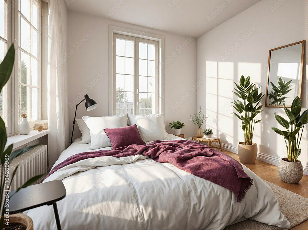 Fototapeta premium Light bedroom with pink blanket and indoor plants. Home interior.