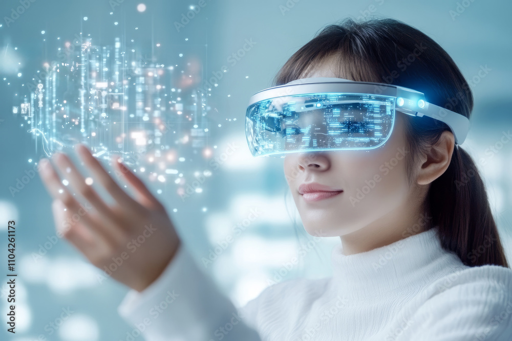 A person wearing AR glasses interacts with virtual prices and discounts are displayed A person wearing AR glasses interacts with virtual prices and discounts are displayed