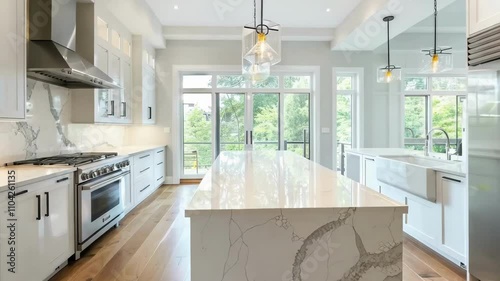 A kitchen with a marble countertop and stainless steel appliances. The kitchen is very clean and well-organized