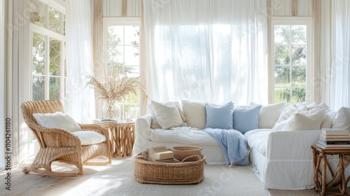 A breezy coastal living room with light blue linen sofas, a driftwood coffee table, and sea-inspired decor like seashells, coral, and woven baskets. photo