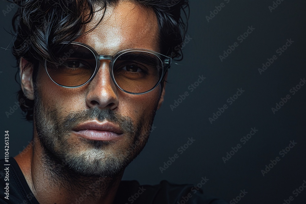 Fototapeta premium Close-up portrait, stylish man wearing round sunglasses, dark background, high-contrast lighting, modern fashion look, masculine features, dramatic style, minimalistic composition