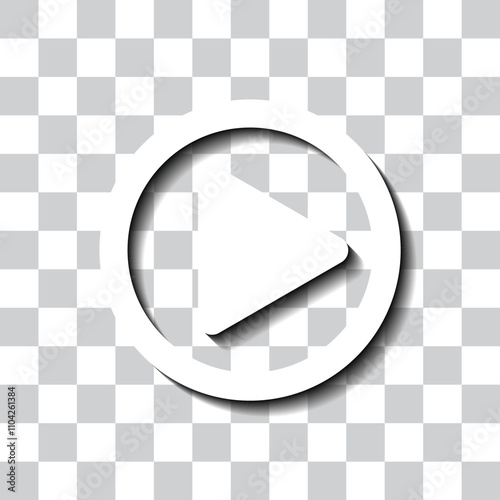 Play button simple icon vector. Flat design. White with shadow on transparent grid