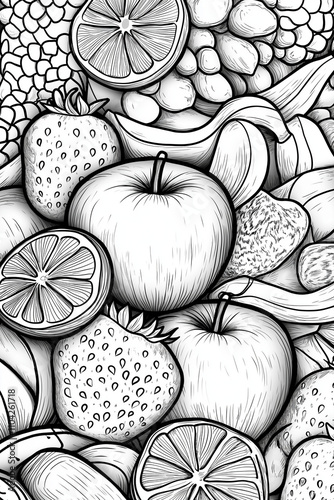 illustration fruits souriants, coloriage enfant, à imprimer, noir et blanc, activité, dessin, mignon, tout-petits, adorable, joli, fun, loisir	
 photo