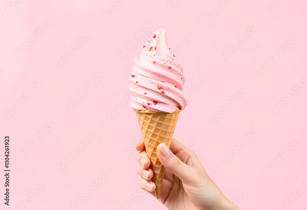 woman hand holding strawberry ice cream. pink background woman hand holding strawberry ice cream. pink background