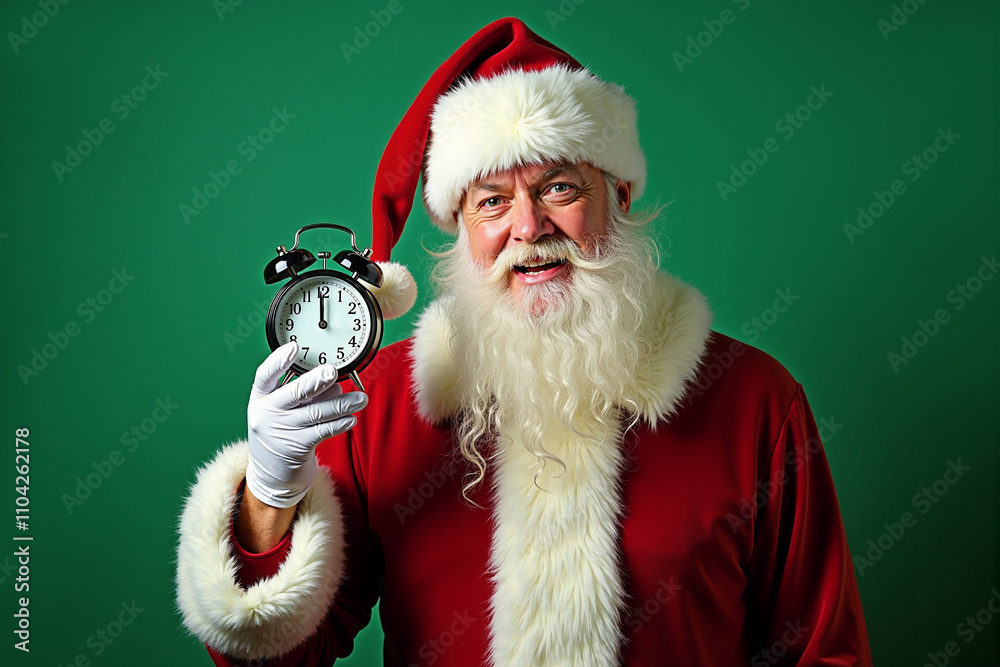 Naklejka premium Santa Claus with alarm clock in his hand on green background. It is midnight on the clock. Copy space. AI generative.