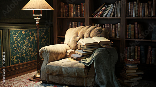 Cozy reading corner with plush armchair and floor lamp creating a warm ambiance for evening relaxation and immersion in books