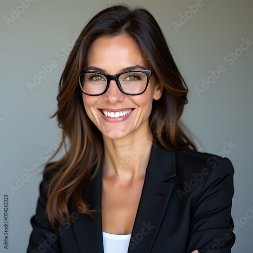 Smart, intelligent, friendly, likable portrait of an executive business woman manager, advisor, agent, representative with glasses