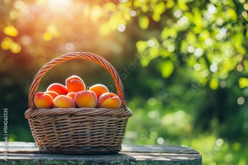 Harvest of ripe juicy apricots collected in basket on wooden stand in garden, agribusiness concept, organic healthy food and non-GMO fruits with copy space
