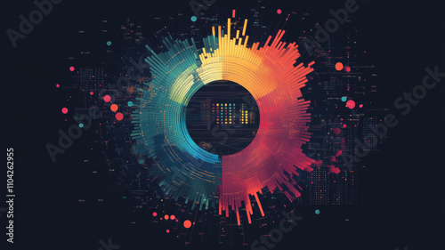 Big data analytics report. Infographic with graph and chart on abstract background. Distribution of data by business categories. Created with Generative AI