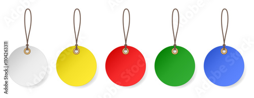 Set of round hanging labels. White, yellow, red, green and blue gift tags. Cardboard tags with hole and rope