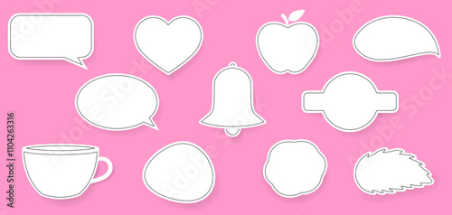 Set of white stikers. Speech bubbles. Heart, apple. Leaf, tear. Flower, cup and bell shape
