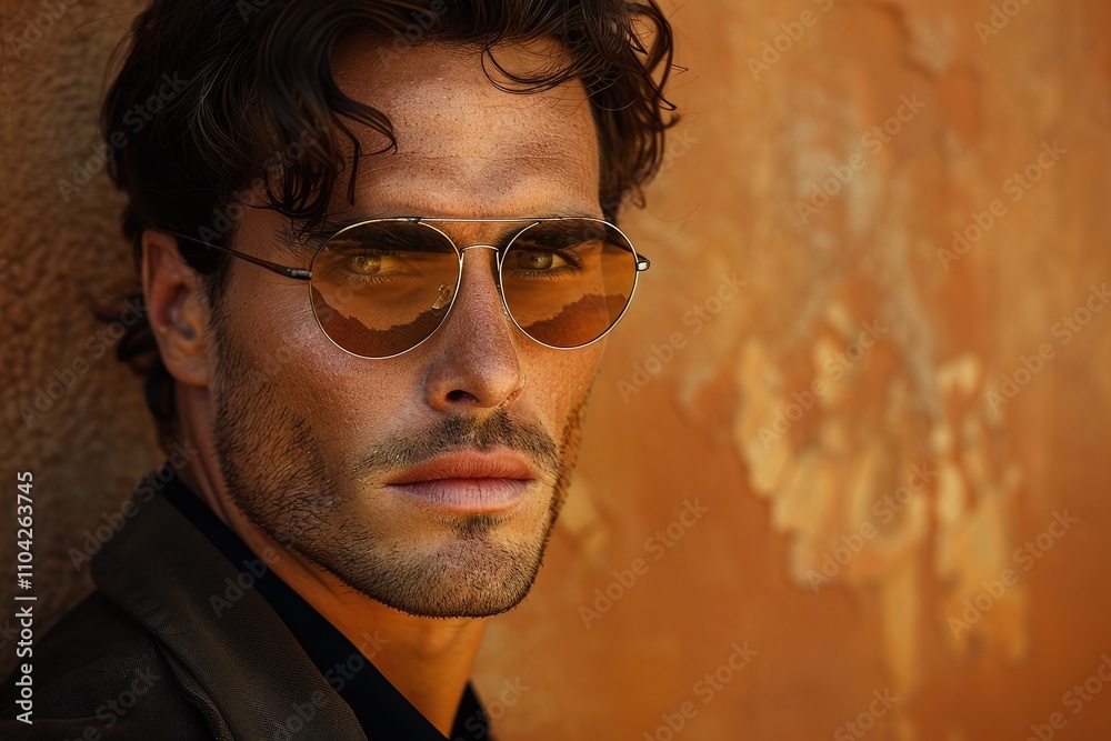 Fototapeta premium close-up portrait of young man, wearing aviator sunglasses, dark jacket, textured curly hair, leaning against orange wall, soft warm lighting, confident and charismatic fashion style