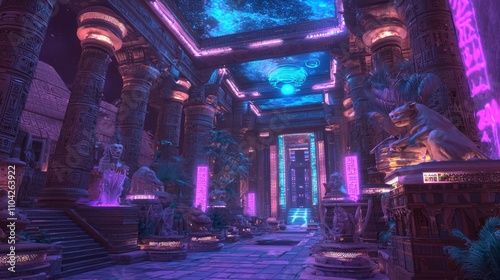 Neo-Egyptian Marketplace of Tomorrow - A Photorealistic Fusion of Ancient and Futuristic Worlds with Neon Glow and Holographic Wonders photo