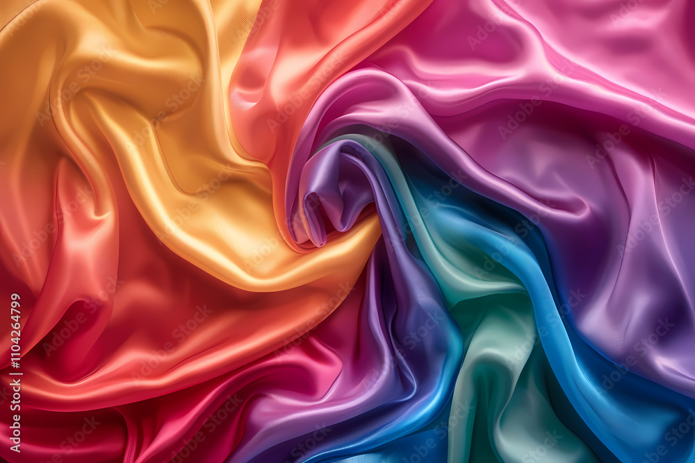 A vibrant swirl of iridescent satin fabric in rainbow hues, creating a luxurious and flowing texture.