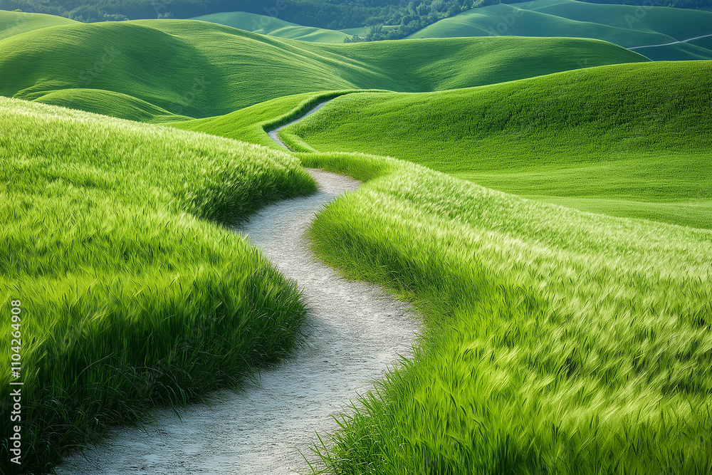 Landscape with green grass and mountains. generative AI Landscape with green grass and mountains. generative AI