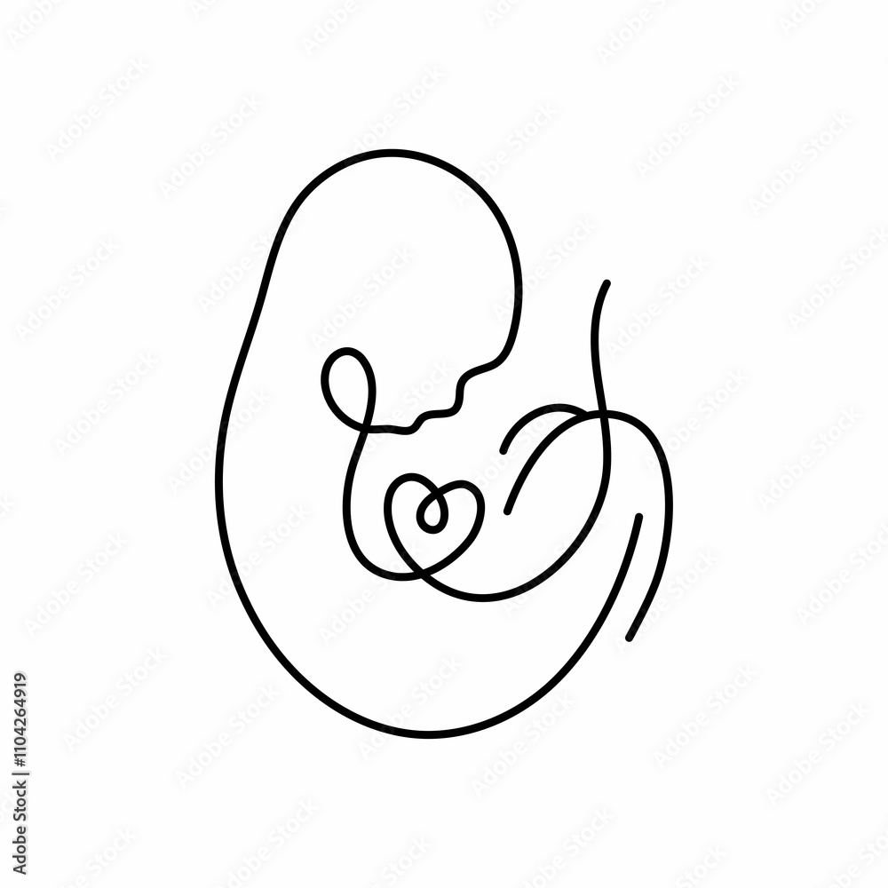 Fototapeta premium Baby Fetus silhouette line art. Birth announcement. Embryo with heart. Motherhood. Pregnancy.
