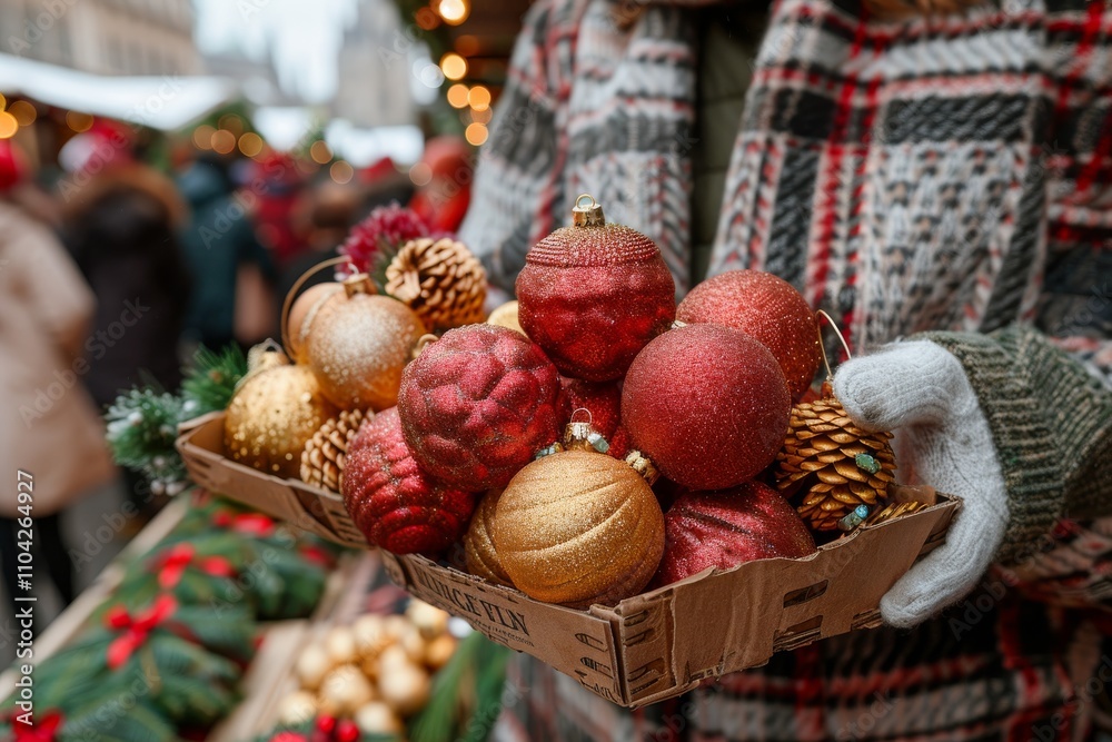Festive holiday market scene showcasing a vendor selling colorful ornaments in winter Festive holiday market scene showcasing a vendor selling colorful ornaments in winter