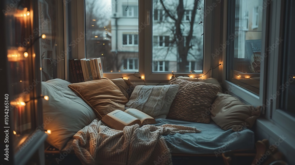 A cozy reading nook decorated with fairy lights and pillows for a quiet celebration at home A cozy reading nook decorated with fairy lights and pillows for a quiet celebration at home