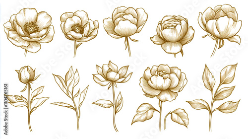 Set of gold line art peony flower and leaf