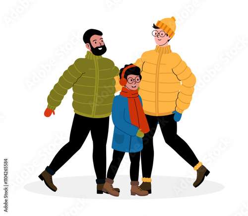 Family enjoying a winter walk in colorful jackets and cozy hats