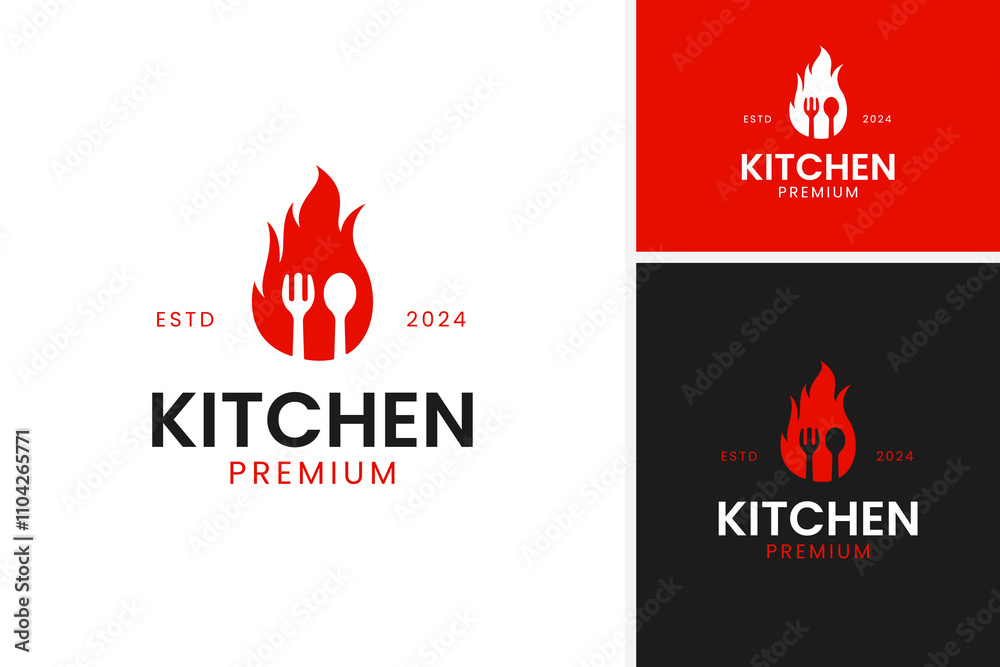 Modern fork and spoon with fire logo design for food vector concept template illustration Modern fork and spoon with fire logo design for food vector concept template illustration