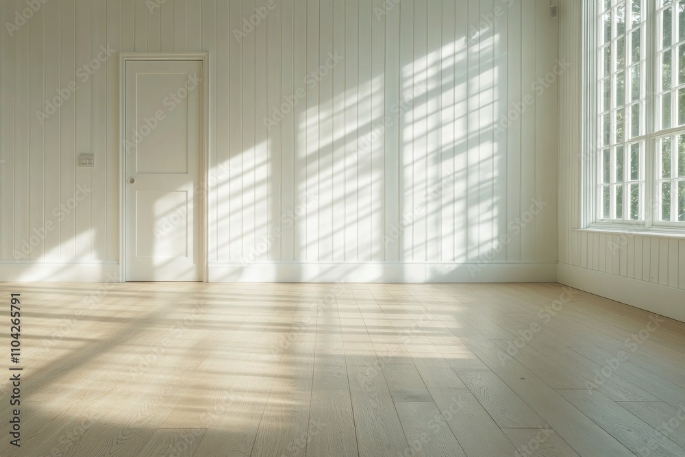 Sunlight streaming through windows creates calming shadows in a minimalist room Sunlight streaming through windows creates calming shadows in a minimalist room