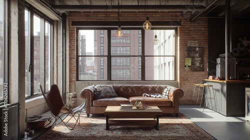 Industrial living room featuring exposed brick walls, metal-framed windows, and a reclaimed wood coffee table, complemented by Edison bulb lighting.