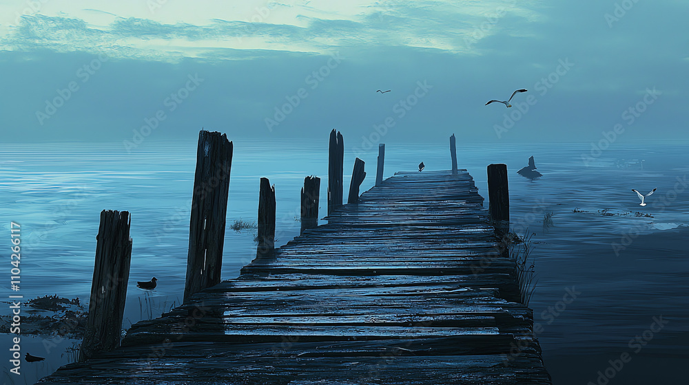 Fototapeta premium Deserted pier extending into calm waters at dawn with a serene atmosphere and distant birds