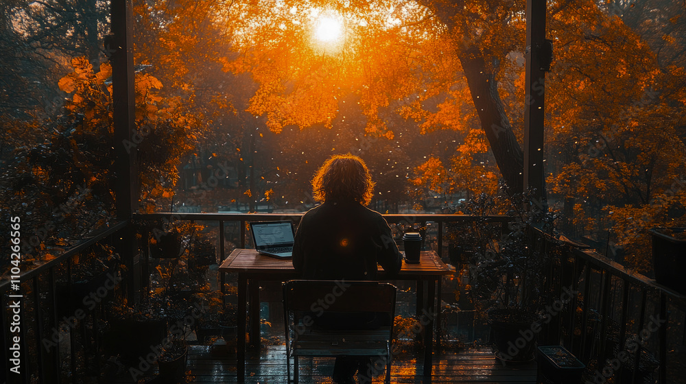 A person sits at a table working on a laptop as the sun sets, painting the sky and surrounding autumn foliage in warm orange tones A person sits at a table working on a laptop as the sun sets, painting the sky and surrounding autumn foliage in warm orange tones