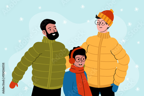 Family enjoying a winter day outdoors in colorful jackets with joy and laughter