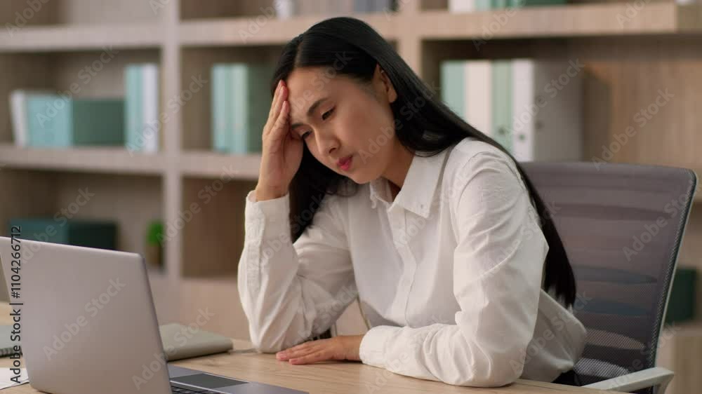 Unhealthy sick depressed sad Korean Asian businesswoman office worker Japanese manager secretary business woman female suffering headache pain tension migraine rubbing forehead problem deadline inside Unhealthy sick depressed sad Korean Asian businesswoman office worker Japanese manager secretary business woman female suffering headache pain tension migraine rubbing forehead problem deadline inside